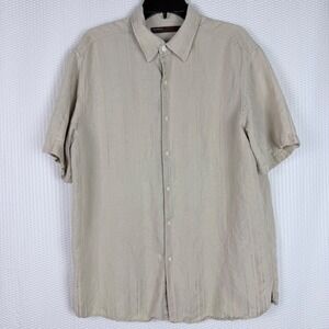 Perry Ellis Mens Linen Blend Short Sleeve Button Up Shirt Beige Striped Large